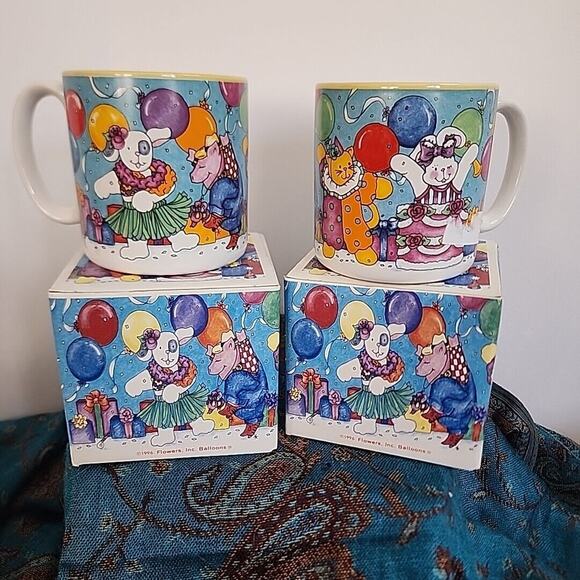 Set Of 2 Vtg 1996 Flowers Inc Mugs Party Animals Pig Bunny Cat Balloons With... - Picture 1 of 7